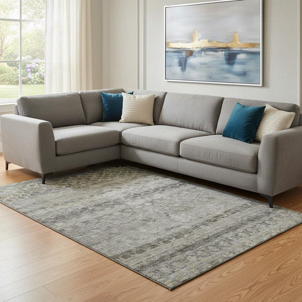 HomeRoots 8' X 10' Stylish Pewter Olive Green and Silver Striped Washable Area Rug with UV Protection & Durability 688079