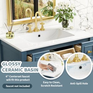 English Elm 30'' Bathroom Vanity with Ceramic Sink, Solid Wood Frame Freestanding Cabinet with 5 Drawers, Gold Knobs and Smooth Slide Rails Blue N710P247488C