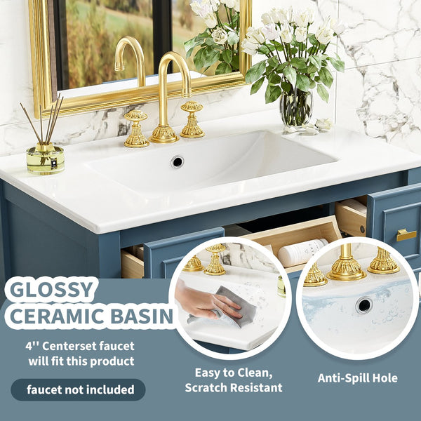 English Elm 30'' Bathroom Vanity with Ceramic Sink, Solid Wood Frame Freestanding Cabinet with 5 Drawers, Gold Knobs and Smooth Slide Rails Blue N710P247488C