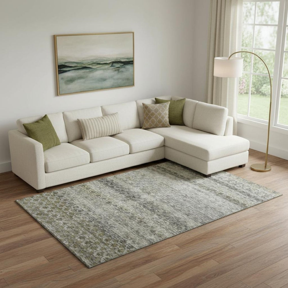 HomeRoots 9' X 12' Elegant Pewter Olive Green and Silver Striped Washable Area Rug with UV Protection & Durability 688080