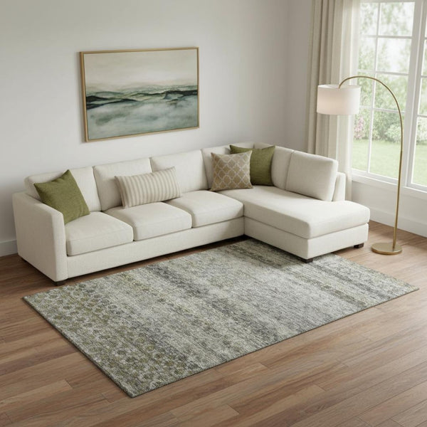 HomeRoots 9' X 12' Elegant Pewter Olive Green and Silver Striped Washable Area Rug with UV Protection & Durability 688080