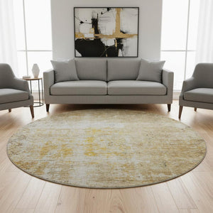 HomeRoots 8' Gold Ivory and Beige Geometric Round Rug – Washable, UV Protected, Stylish Home Essential! 688084
