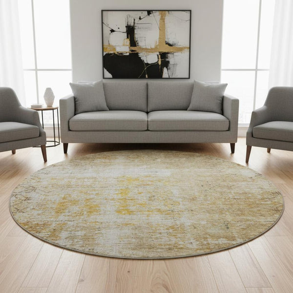 HomeRoots 8' Gold Ivory and Beige Geometric Round Rug – Washable, UV Protected, Stylish Home Essential! 688084