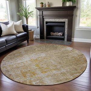 HomeRoots 8' Gold Ivory and Beige Geometric Round Rug – Washable, UV Protected, Stylish Home Essential! 688084