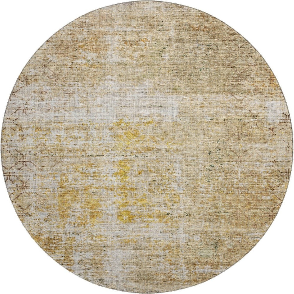 HomeRoots 8' Gold Ivory and Beige Geometric Round Rug – Washable, UV Protected, Stylish Home Essential! 688084