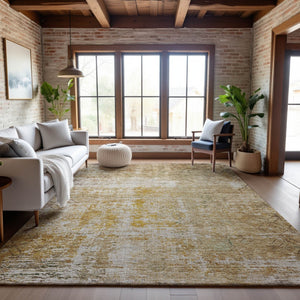 HomeRoots 8' X 10' Gold Ivory Beige Geometric Area Rug - Washable, Stain Resistant & UV Protected for Homes 688085