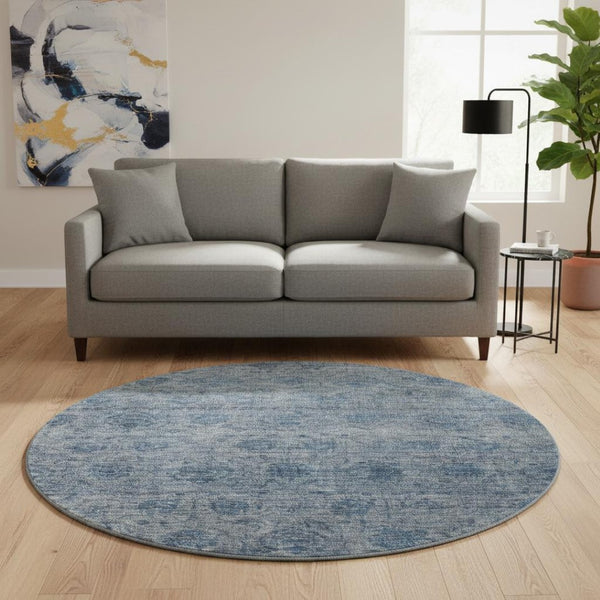 HomeRoots 8' Blue And Silver Abstract Washable Round Rug - Stylish, Durable, and Easy Care for Homes & Patios 688090