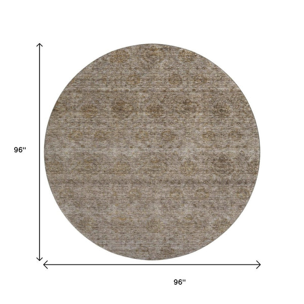 HomeRoots 8' Brown and Beige Abstract Washable Round Rug with Stain Resistance and UV Protection for Modern Spaces 688096