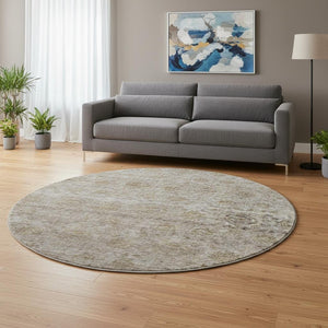 HomeRoots 8' Brown and Beige Abstract Washable Round Rug with Stain Resistance and UV Protection for Modern Spaces 688096