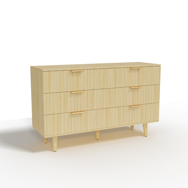 English Elm 6 Drawer Fluted Wood Dresser Natural Finish Compact Chest for Nursery or Bedroom T3773P415651