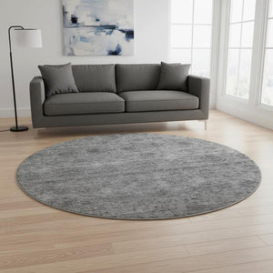 HomeRoots 8' Gray and Silver Abstract Round Rug - Stylish, Washable, Durable with UV Protection for High Traffic Areas 688102