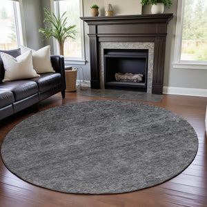 HomeRoots 8' Gray and Silver Abstract Round Rug - Stylish, Washable, Durable with UV Protection for High Traffic Areas 688102