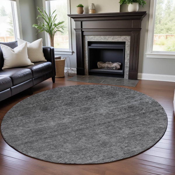 HomeRoots 8' Gray and Silver Abstract Round Rug - Stylish, Washable, Durable with UV Protection for High Traffic Areas 688102