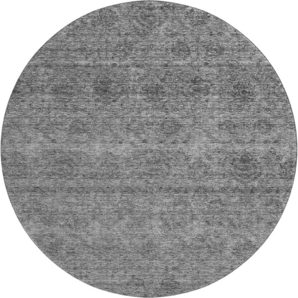 HomeRoots 8' Gray and Silver Abstract Round Rug - Stylish, Washable, Durable with UV Protection for High Traffic Areas 688102