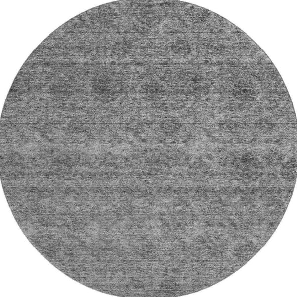 HomeRoots 8' Gray and Silver Abstract Round Rug - Stylish, Washable, Durable with UV Protection for High Traffic Areas 688102