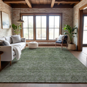 HomeRoots 5' X 8' Olive Green & Silver Abstract Area Rug - Stain-Resistant, UV Protected for High-Traffic Areas 688107