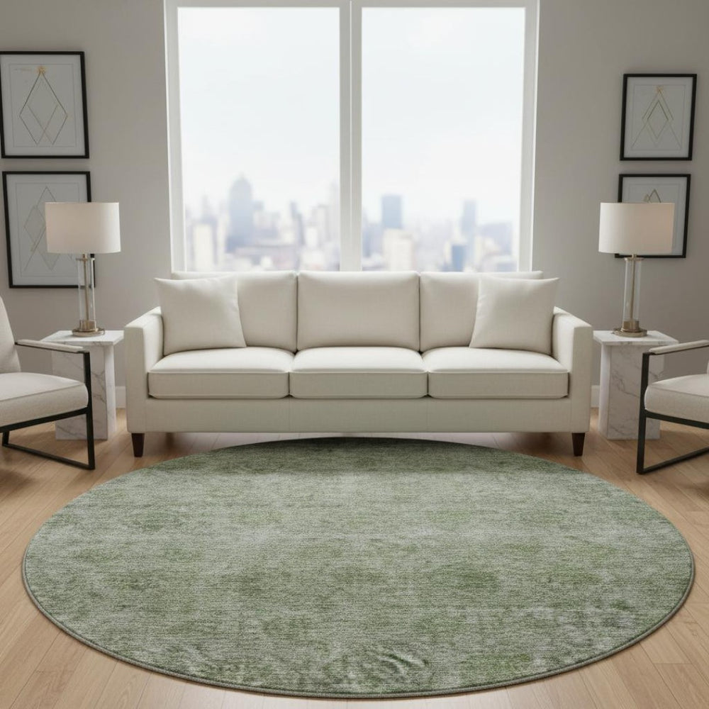HomeRoots 8' Olive Green and Silver Abstract Round Rug – Washable, UV Protected, Durable for High-Traffic Areas 688108