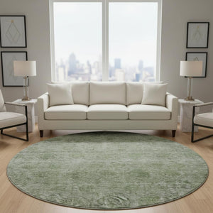 HomeRoots 8' Olive Green and Silver Abstract Round Rug – Washable, UV Protected, Durable for High-Traffic Areas 688108