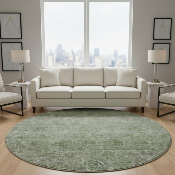 HomeRoots 8' Olive Green and Silver Abstract Round Rug – Washable, UV Protected, Durable for High-Traffic Areas 688108