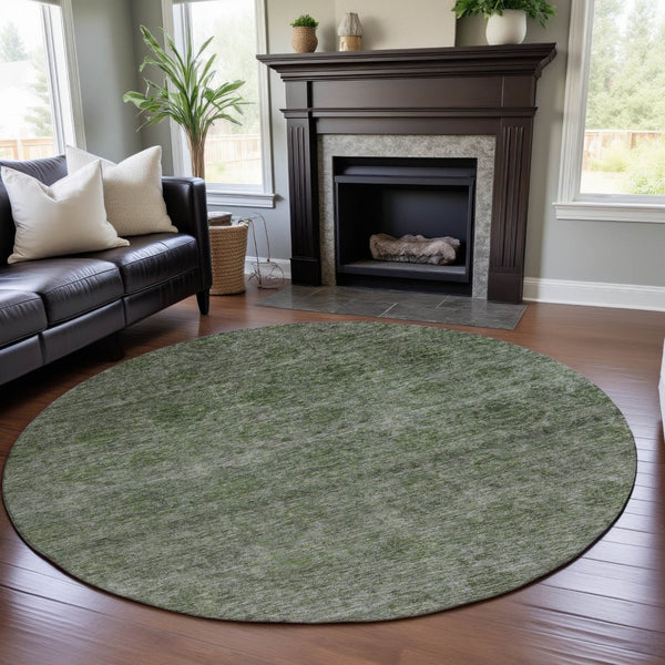 HomeRoots 8' Olive Green and Silver Abstract Round Rug – Washable, UV Protected, Durable for High-Traffic Areas 688108