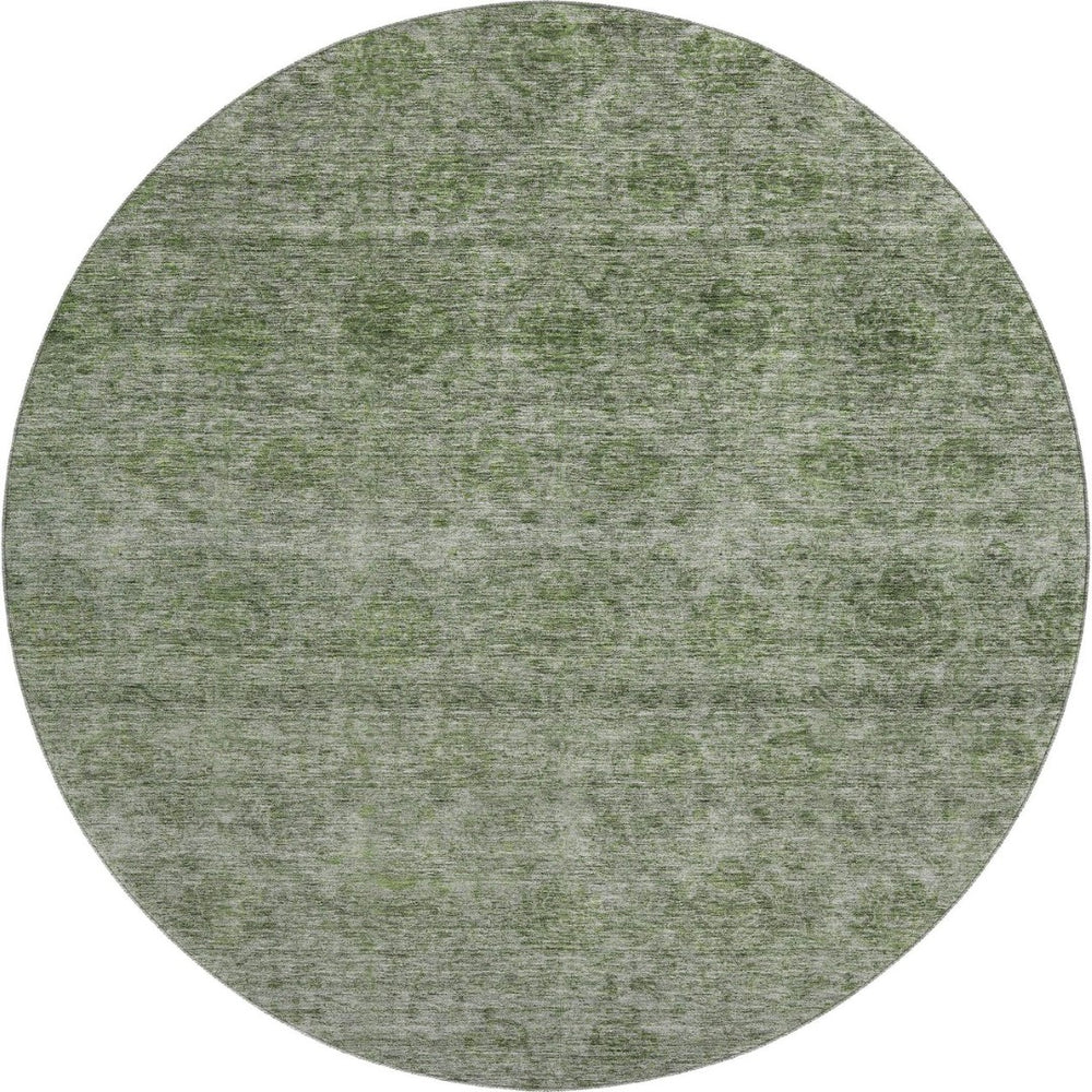 HomeRoots 8' Olive Green and Silver Abstract Round Rug – Washable, UV Protected, Durable for High-Traffic Areas 688108