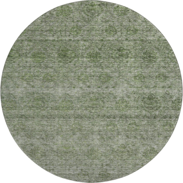 HomeRoots 8' Olive Green and Silver Abstract Round Rug – Washable, UV Protected, Durable for High-Traffic Areas 688108