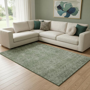 HomeRoots 8' X 10' Contemporary Olive Green & Silver Abstract Area Rug - Washable, UV Protected, Durable Design 688109