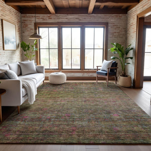 HomeRoots 5' X 8' Artichoke Green & Pink Abstract Washable Area Rug - UV Protected, Durable, Modern Design! 688113