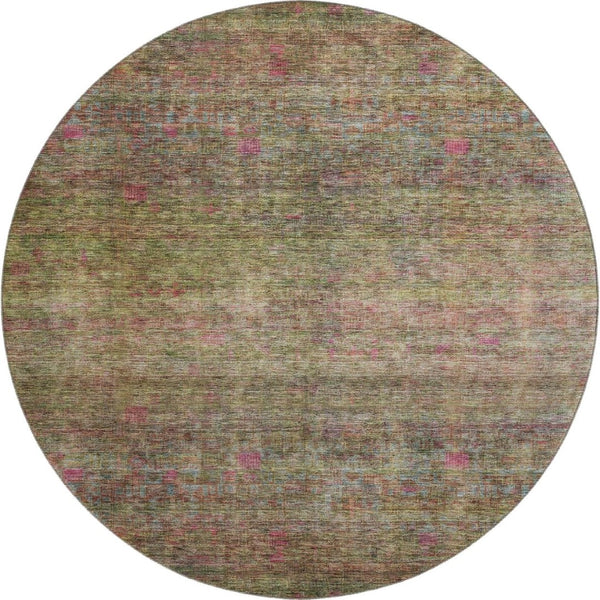 HomeRoots 8' Artichoke Green & Pink Abstract Round Rug - Washable, UV Protected, Perfect for High-Traffic Homes 688114