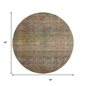 HomeRoots 8' Artichoke Green & Pink Abstract Round Rug - Washable, UV Protected, Perfect for High-Traffic Homes 688114