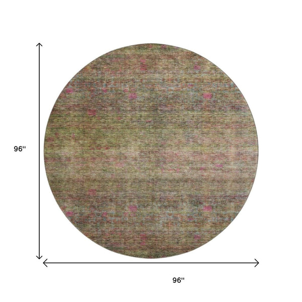 HomeRoots 8' Artichoke Green & Pink Abstract Round Rug - Washable, UV Protected, Perfect for High-Traffic Homes 688114
