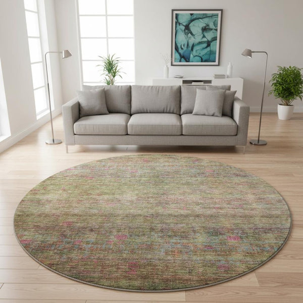 HomeRoots 8' Artichoke Green & Pink Abstract Round Rug - Washable, UV Protected, Perfect for High-Traffic Homes 688114