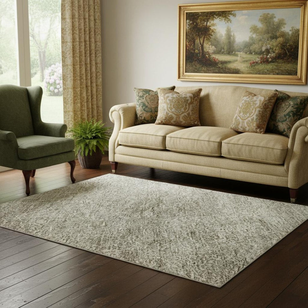 HomeRoots 5' Stylish Linen and Ivory Abstract Area Rug - Washable, UV Resistant, Ideal for High-Traffic Homes 688119