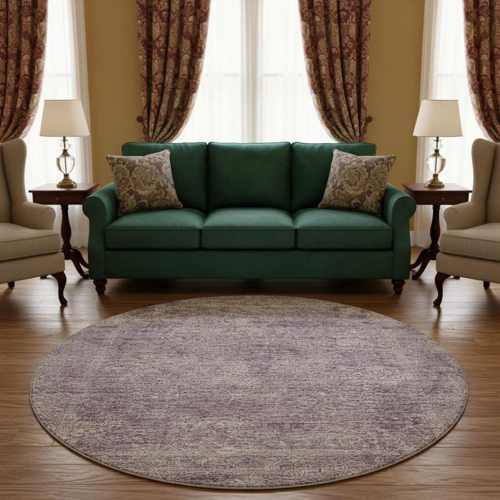 HomeRoots 8' Plum And Ivory Abstract Washable Round Rug - Stylish, Durable, UV-Protected for All Spaces! 688126