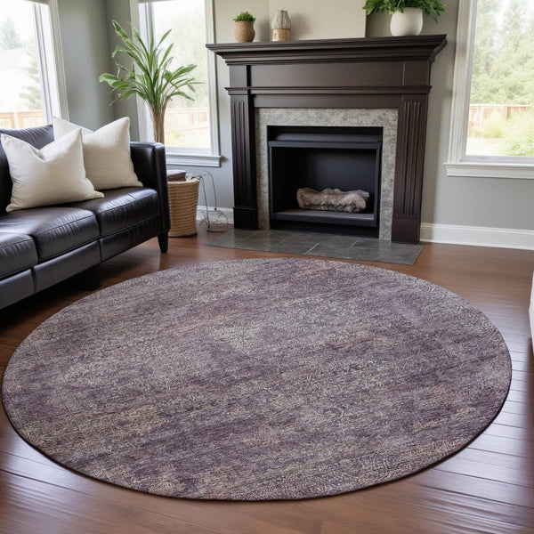 HomeRoots 8' Plum And Ivory Abstract Washable Round Rug - Stylish, Durable, UV-Protected for All Spaces! 688126