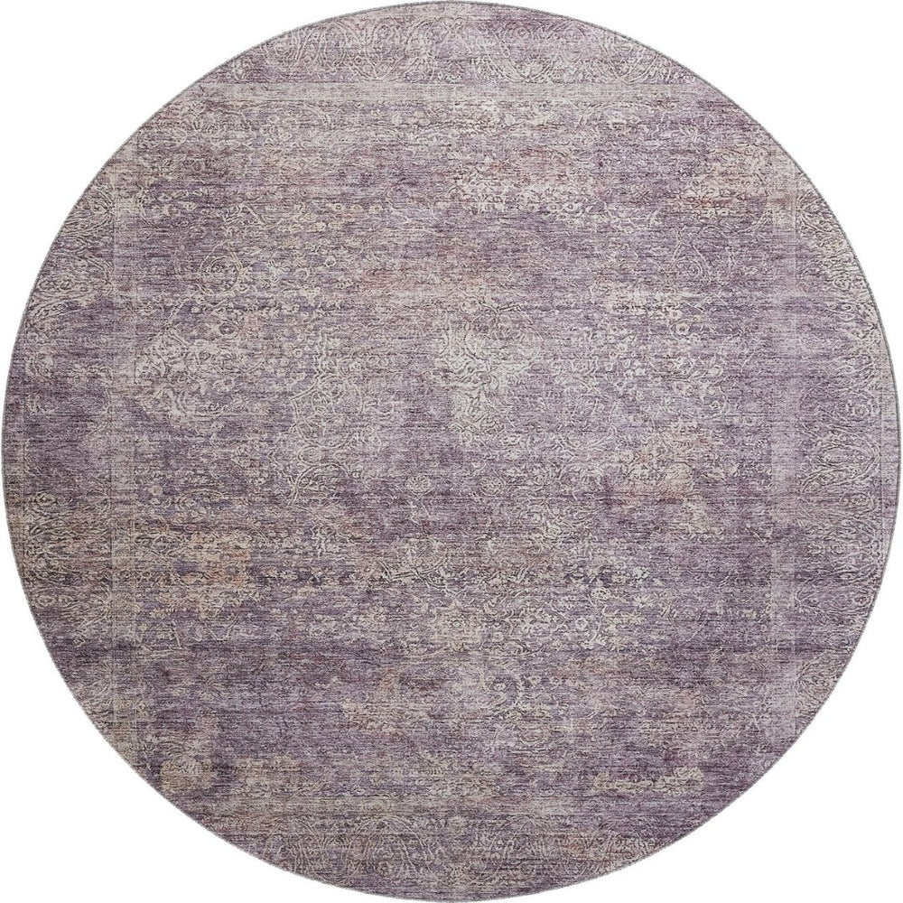 HomeRoots 8' Plum And Ivory Abstract Washable Round Rug - Stylish, Durable, UV-Protected for All Spaces! 688126