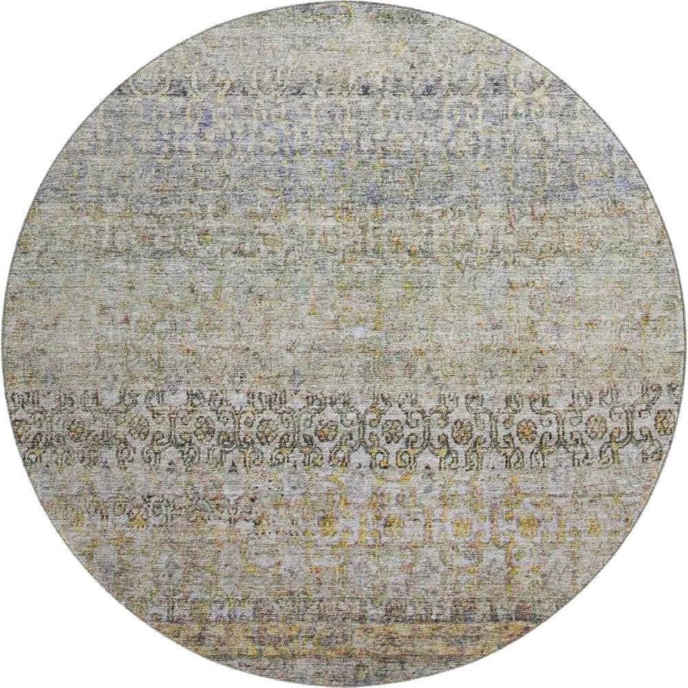 HomeRoots 8' Contemporary Aqua Gold Gray Washable Round Rug with UV Protection & Stain Resistance for Home 688132