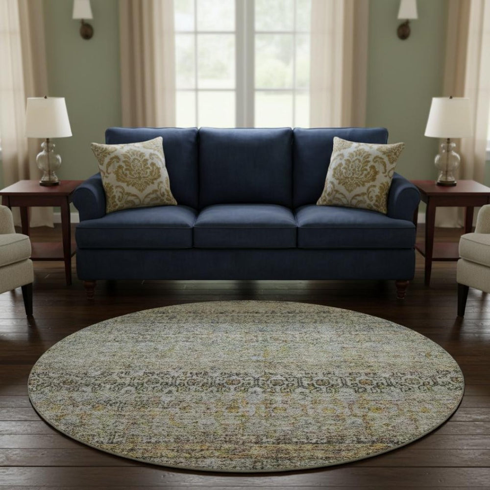 HomeRoots 8' Contemporary Aqua Gold Gray Washable Round Rug with UV Protection & Stain Resistance for Home 688132