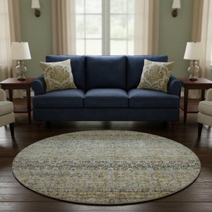 HomeRoots 8' Contemporary Aqua Gold Gray Washable Round Rug with UV Protection & Stain Resistance for Home 688132