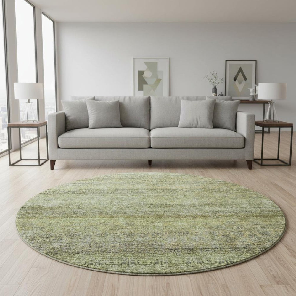 HomeRoots 8' Stylish Artichoke Green, Gray & Beige Striped Washable Round Rug with UV Protection & Durability 688138