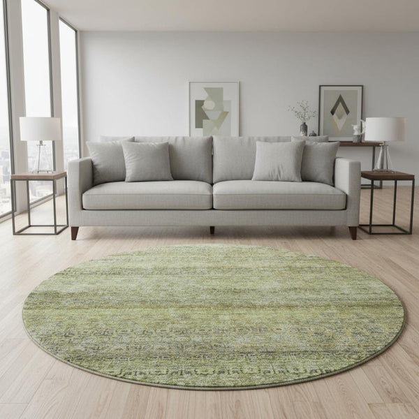 HomeRoots 8' Stylish Artichoke Green, Gray & Beige Striped Washable Round Rug with UV Protection & Durability 688138
