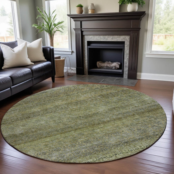 HomeRoots 8' Stylish Artichoke Green, Gray & Beige Striped Washable Round Rug with UV Protection & Durability 688138