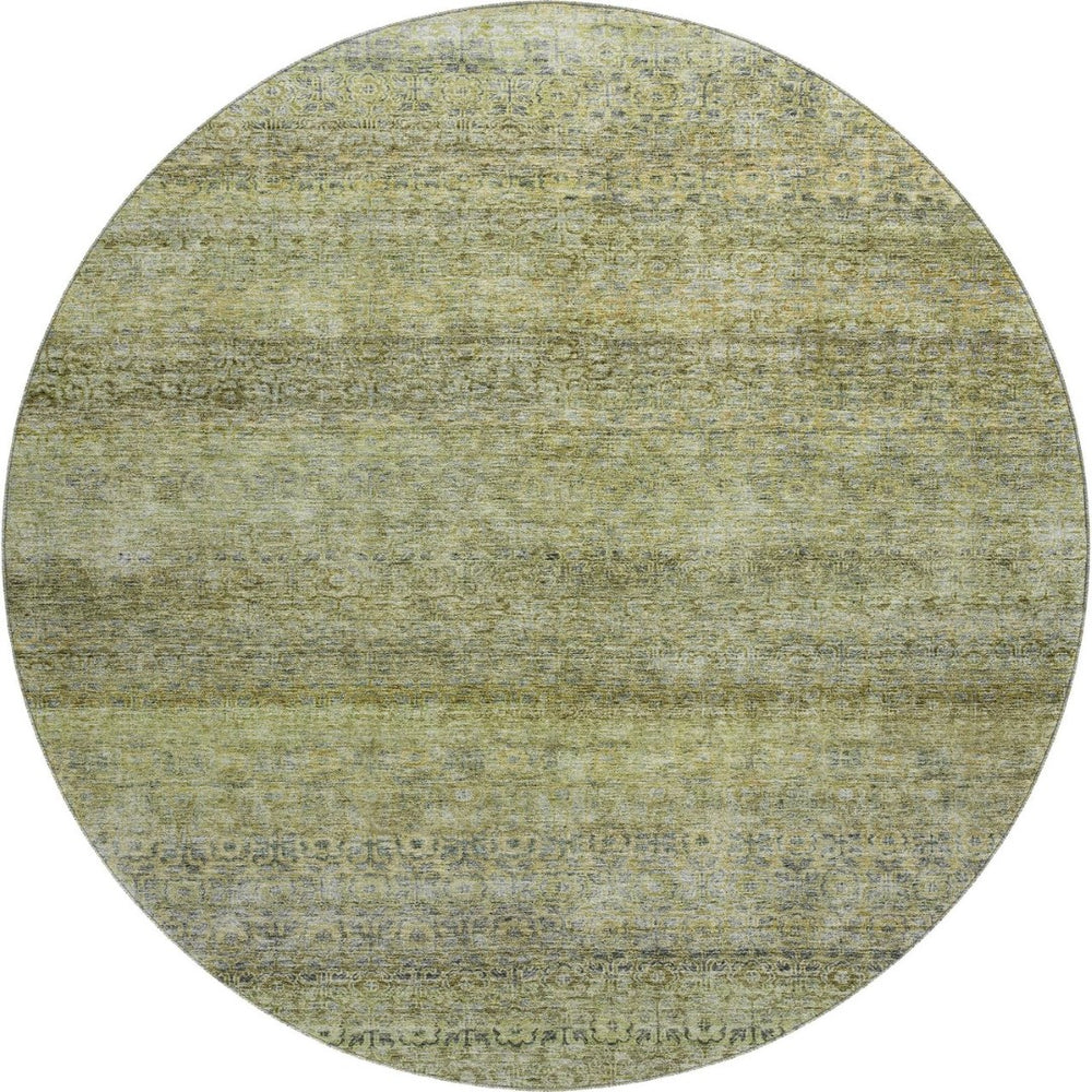 HomeRoots 8' Stylish Artichoke Green, Gray & Beige Striped Washable Round Rug with UV Protection & Durability 688138