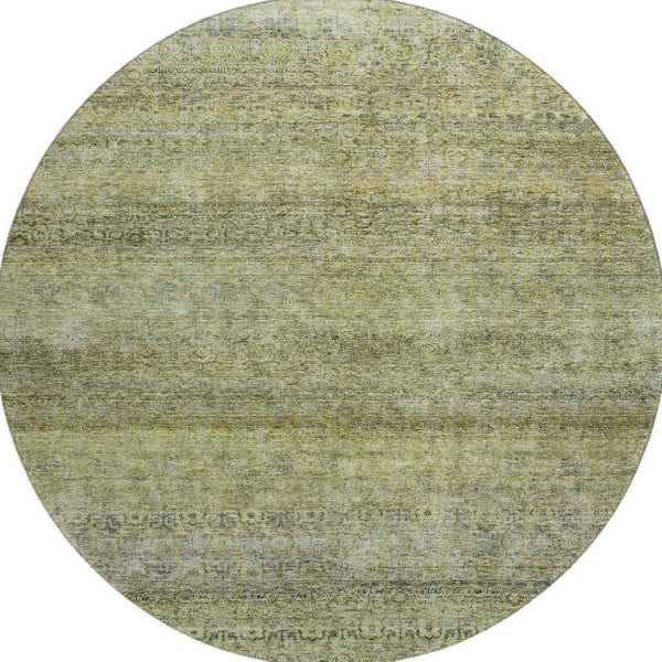 HomeRoots 8' Stylish Artichoke Green, Gray & Beige Striped Washable Round Rug with UV Protection & Durability 688138