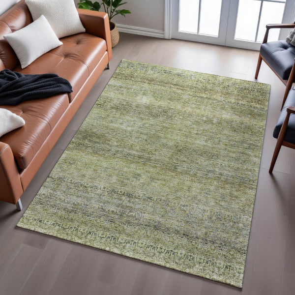 HomeRoots 9' X 12' Elegant Striped Area Rug in Artichoke Green, Gray & Beige - Washable, UV Protected & Durable 688140
