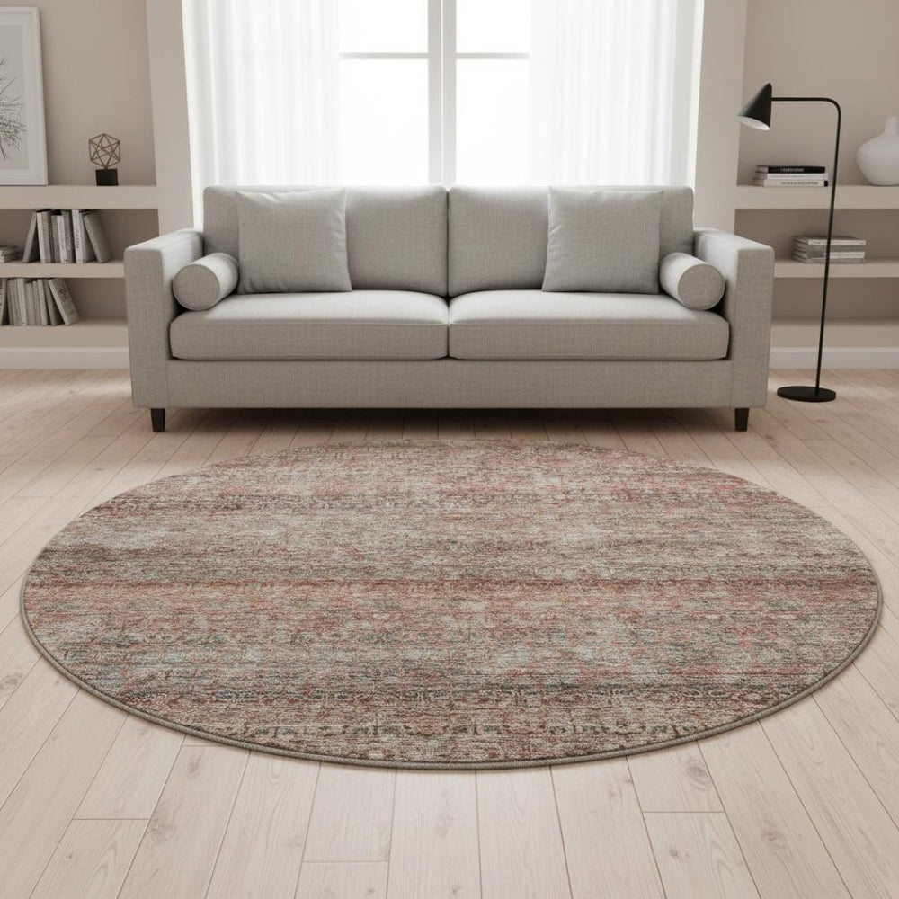 HomeRoots 8' Coral Gray and Silver Striped Washable Round Rug with UV Protection for Easy Care and Style 688144