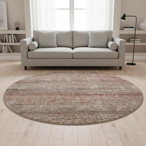 HomeRoots 8' Coral Gray and Silver Striped Washable Round Rug with UV Protection for Easy Care and Style 688144