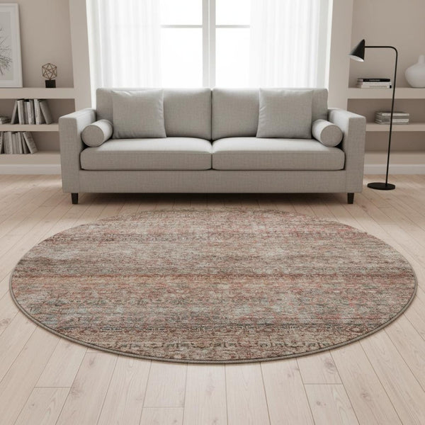 HomeRoots 8' Coral Gray and Silver Striped Washable Round Rug with UV Protection for Easy Care and Style 688144