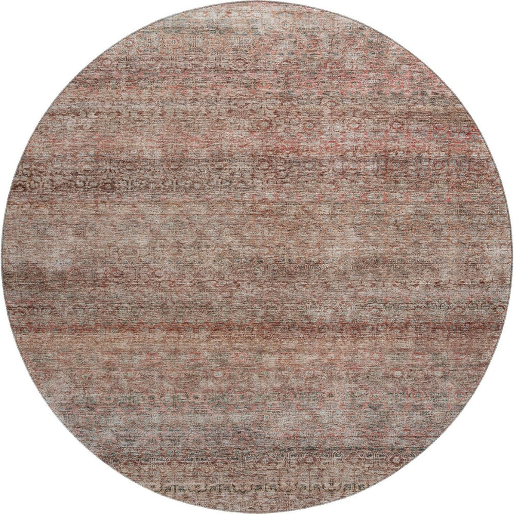 HomeRoots 8' Coral Gray and Silver Striped Washable Round Rug with UV Protection for Easy Care and Style 688144