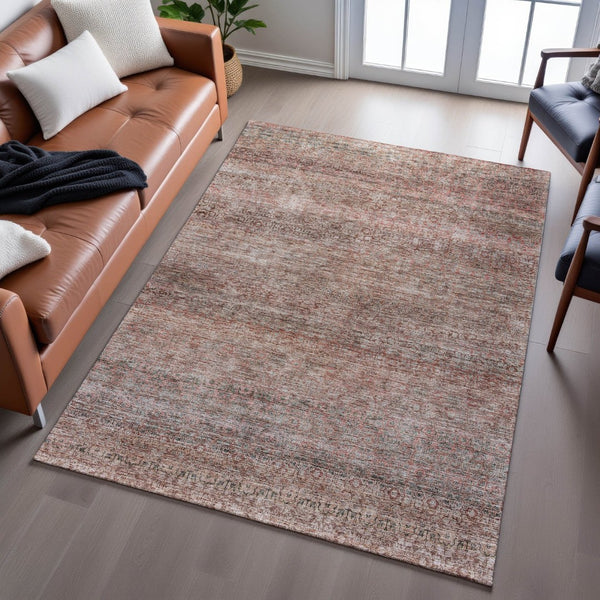 HomeRoots 9' X 12' Coral Gray and Silver Striped Area Rug - Washable, UV-Protected, Durable for High-Traffic Spaces 688146